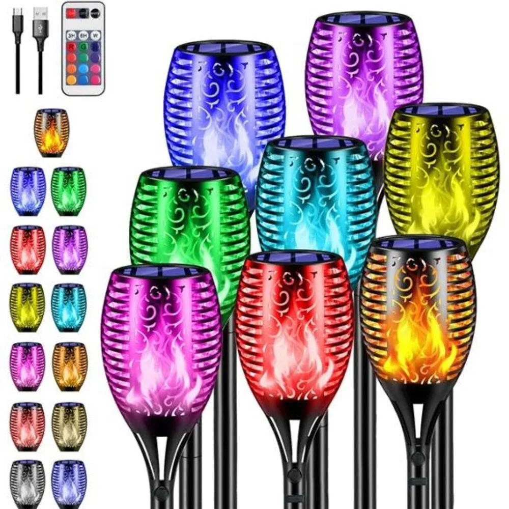 8 Pack Solar Flame Lights Outdoor Flickering Torch, 13 Color Changing